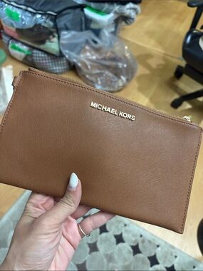 Michael Kors Brown Saffiano Leather Zip Wallet Clutch